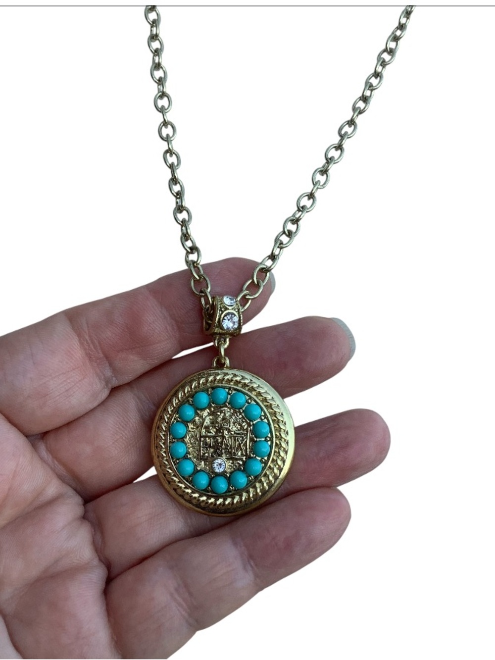 Heidi Daus Swarovski crystal faux Turquoise Medallion Necklace